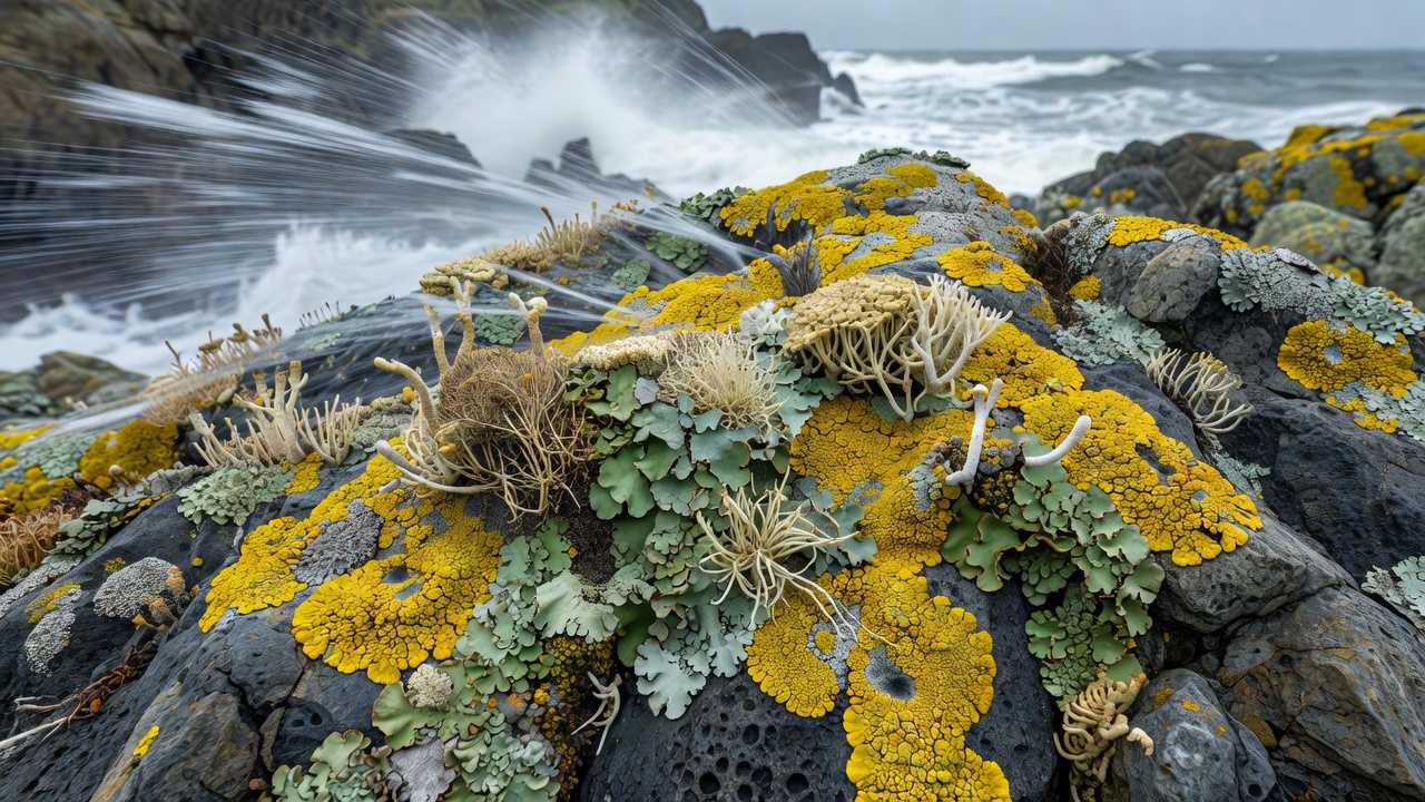 Close-up view of lichen thalli embedded in coastal rock with visible rhizine attachments